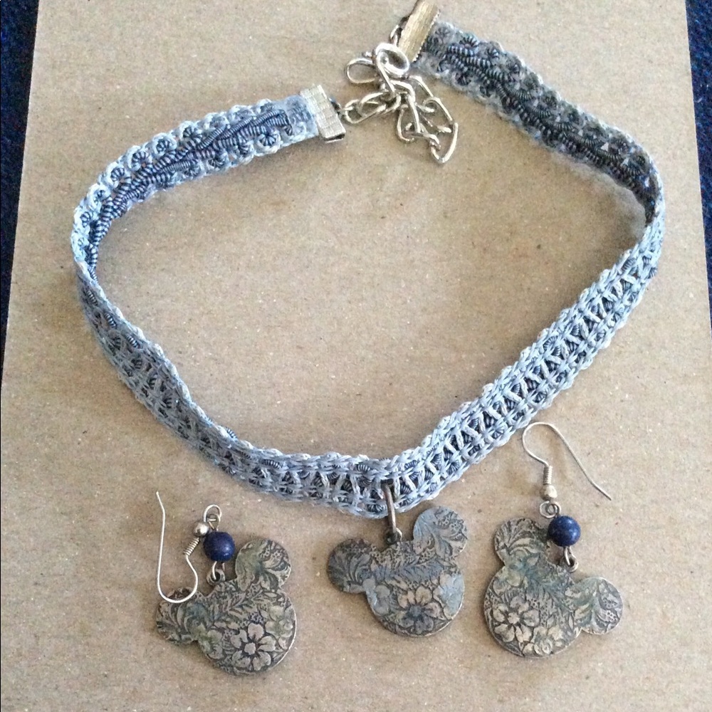 Disney Mickey choker and earrings set - denim blue color